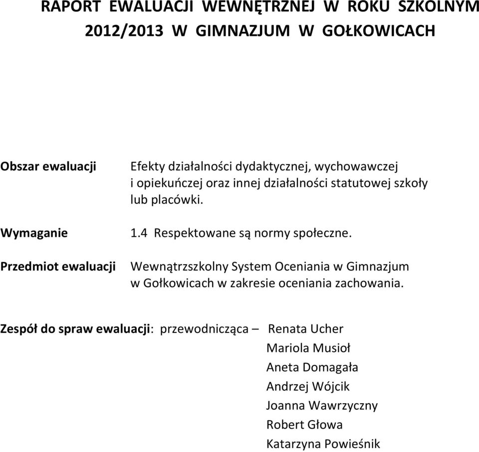 4 Respektowane są normy społeczne. Wewnątrzszkolny System Oceniania w Gimnazjum w Gołkowicach w zakresie oceniania zachowania.