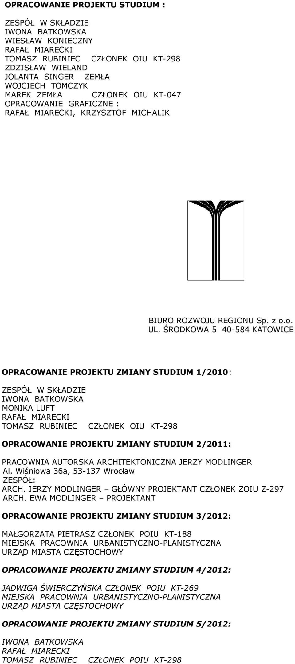 ŚRODKOWA 5 40584 KATOWICE OPRACOWANIE PROJEKTU ZMIANY STUDIUM 1/2010: ZESPÓŁ W SKŁADZIE IWONA BATKOWSKA MONIKA LUFT RAFAŁ MIARECKI TOMASZ RUBINIEC CZŁONEK OIU KT298 OPRACOWANIE PROJEKTU ZMIANY