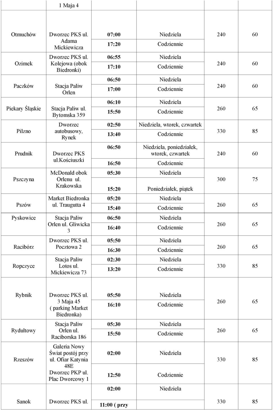 Mickiewicza 73 07:00 Niedziela 17:20 Codziennie 06:55 Niedziela 17:10 Codziennie 06:50 Niedziela 17:00 Codziennie 06:10 Niedziela 15:50 Codziennie 02:50 Niedziela, wtorek, czwartek 13:40 Codziennie