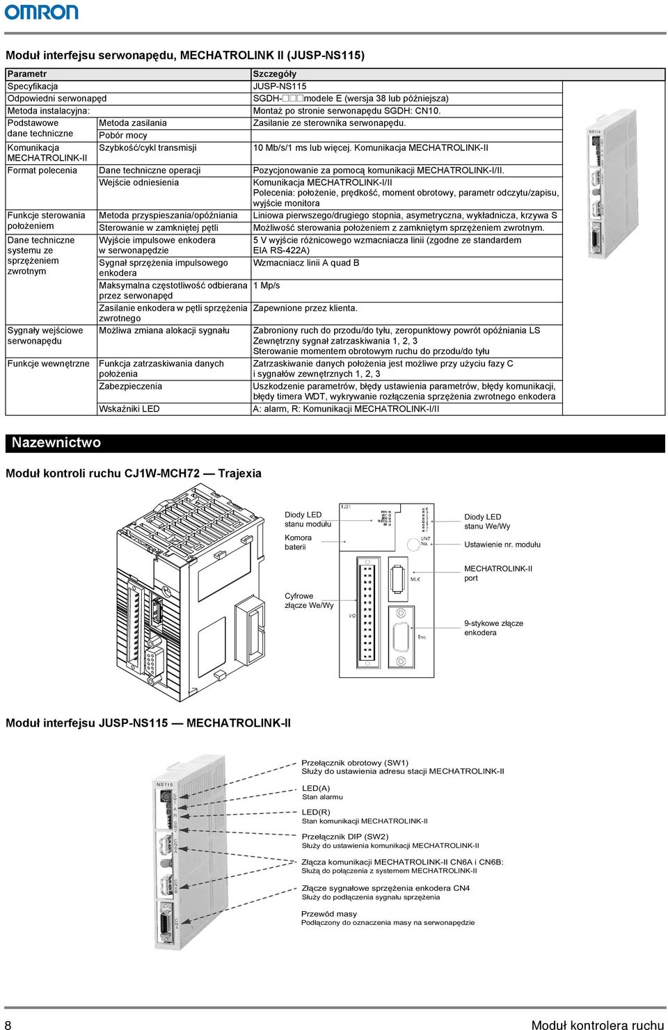 Komunikacja MECHATROLINK-II MECHATROLINK-II Format polecenia Dane techniczne operacji Pozycjonowanie za pomoc komunikacji MECHATROLINK-I/II.