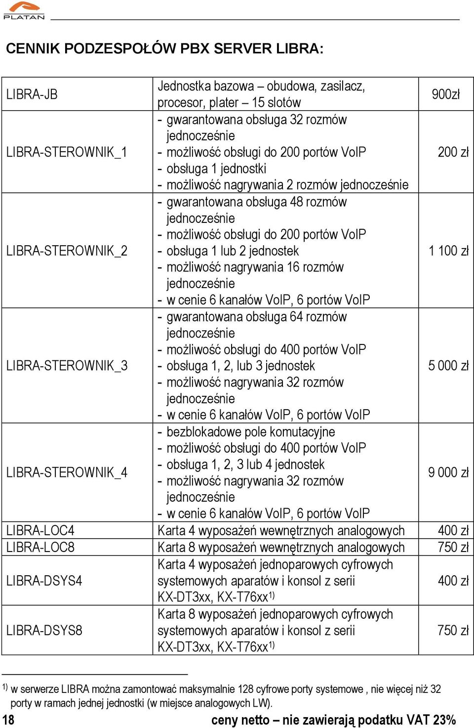 obsługa 1 lub 2 jednostek 1 100 zł - możliwość nagrywania 16 rozmów jednocześnie - w cenie 6 kanałów VoIP, 6 portów VoIP LIBRA-STEROWNIK_3 - gwarantowana obsługa 64 rozmów jednocześnie - możliwość