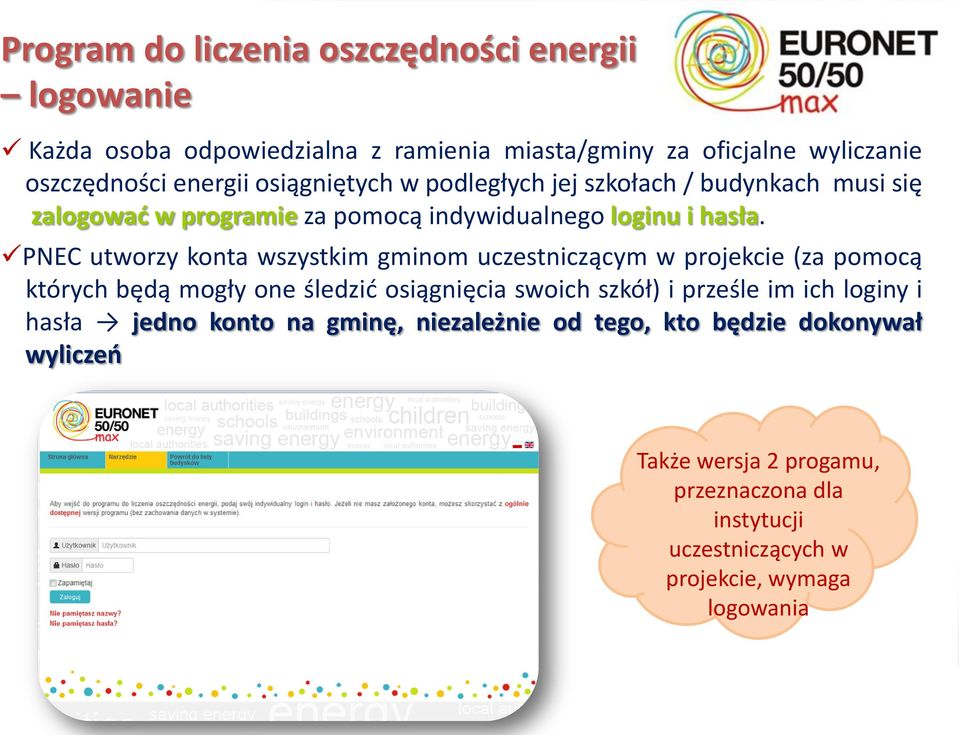 PNEC utworzy konta wszystkim gminom uczestniczącym w projekcie (za pomocą których będą mogły one śledzić osiągnięcia swoich szkół) i prześle im ich