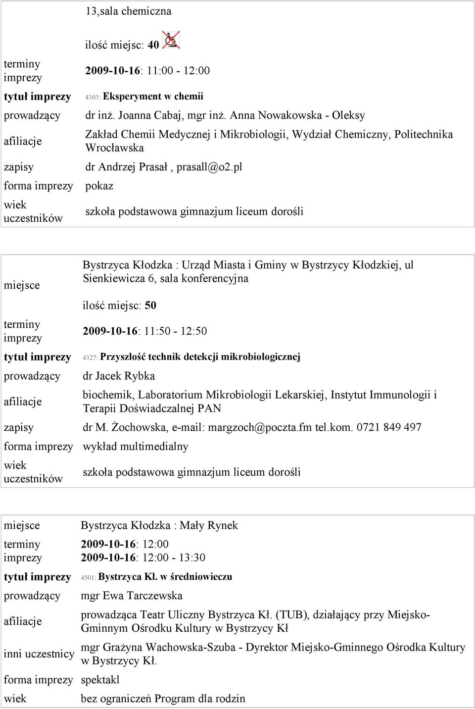 pl pokaz tytuł Bystrzyca Kłodzka : Urząd Miasta i Gminy w Bystrzycy Kłodzkiej, ul Sienkiewicza 6, sala konferencyjna ilość miejsc: 50 2009-10-16: 11:50-12:50 4327: Przyszłość technik detekcji