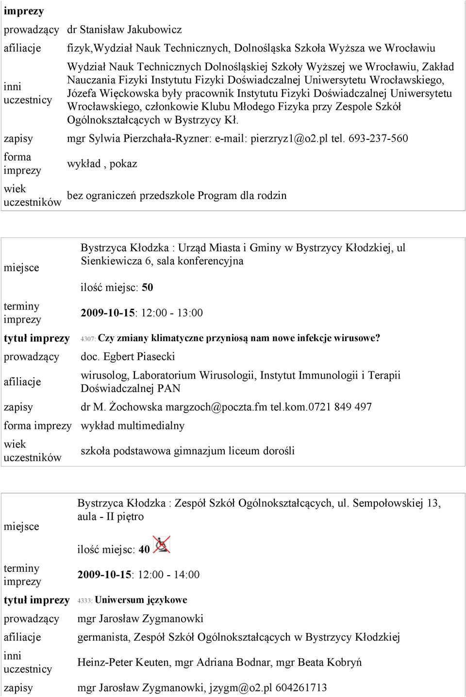 Ogólnokształcących w Bystrzycy Kł. mgr Sylwia Pierzchała-Ryzner: e-mail: pierzryz1@o2.pl tel.