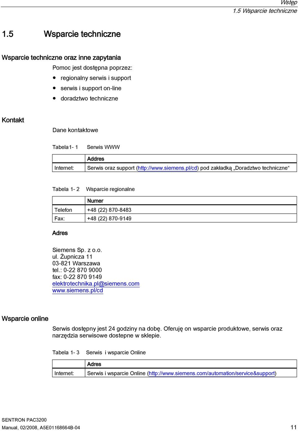 Internet: Serwis WWW Addres Serwis oraz support (http://www.siemens.