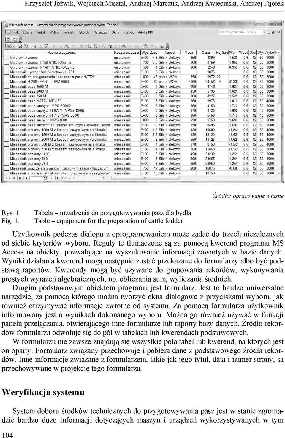 Tabela urządzenia do przygotowywania pasz dla bydła Table equipment for the preparation of cattle fodder Źródło: opracowanie własne Użytkownik podczas dialogu z oprogramowaniem może zadać do trzech