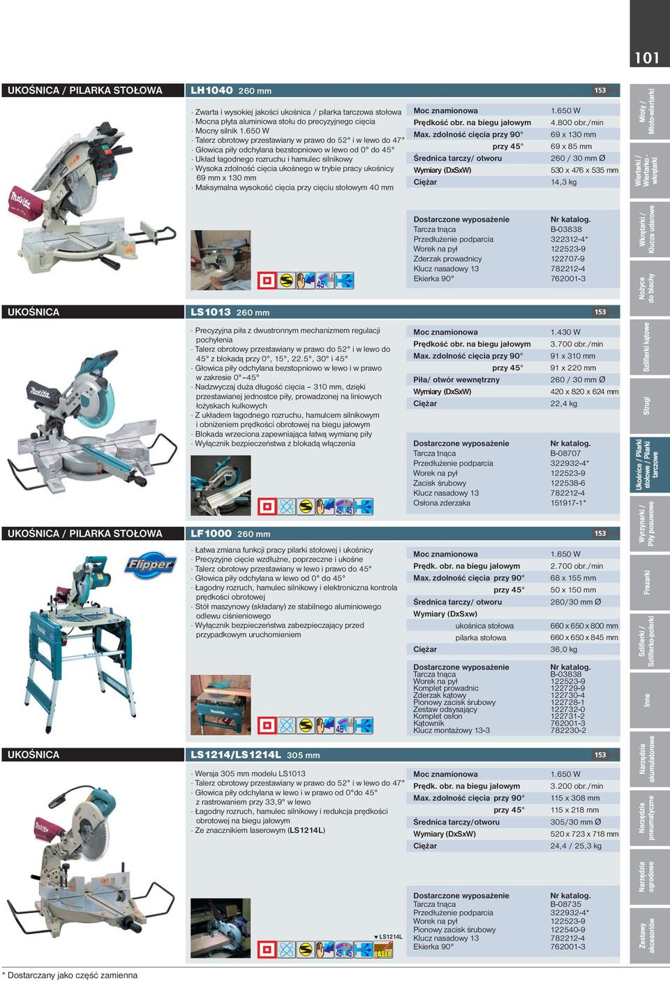 trybie pracy ukośnicy 69 x 130 Maksymalna wysokość cięcia przy cięciu stołowym 40 Prędkość obr. na biegu jałowym Max. zdolność cięcia przy 90 Średnica tarczy/ otworu 1.650 W 4.800 obr.