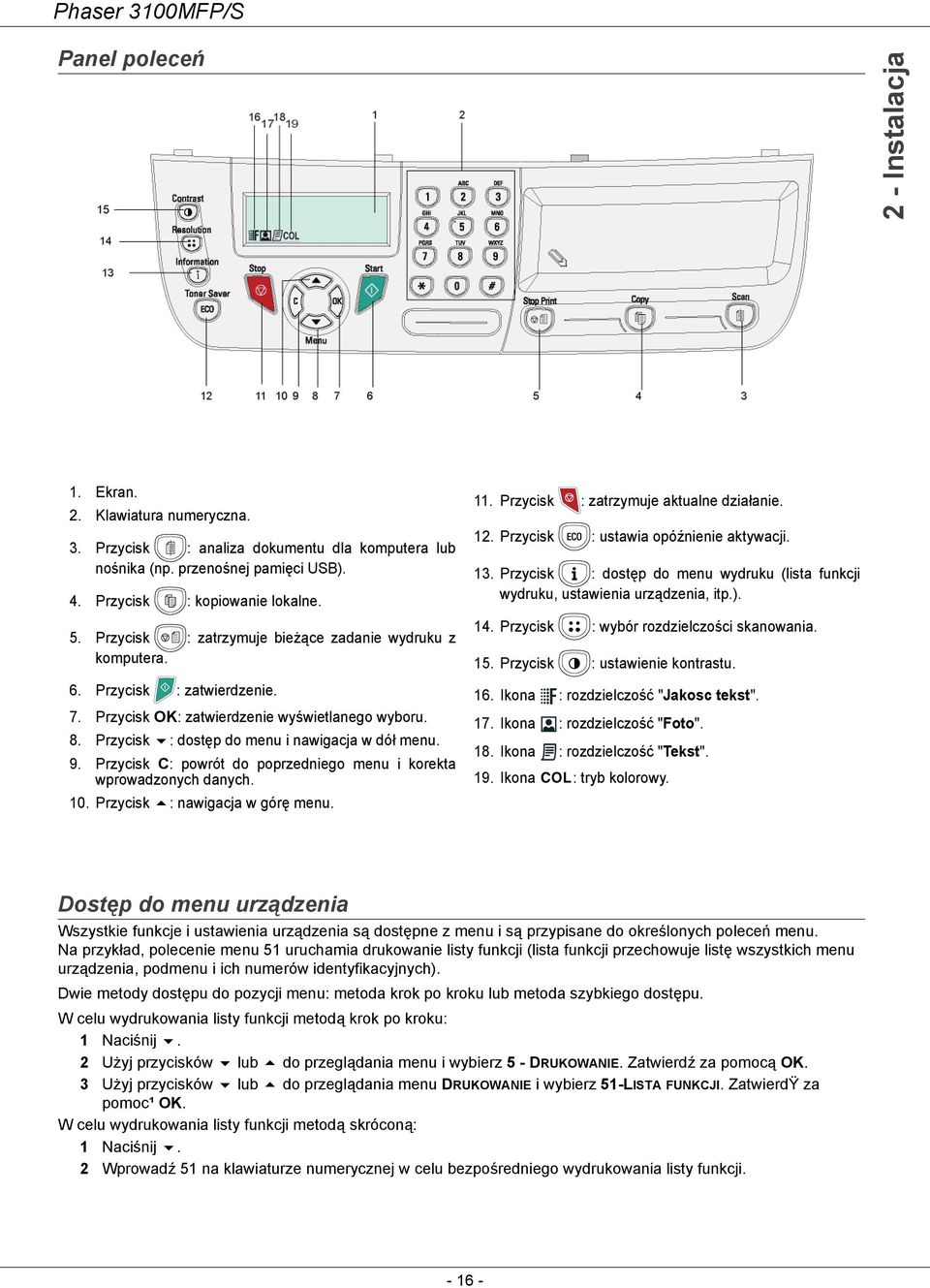 Przycisk C: powrót do poprzedniego menu i korekta wprowadzonych danych. 10. Przycisk : nawigacja w górę menu. 11. Przycisk : zatrzymuje aktualne działanie. 12. Przycisk : ustawia opóźnienie aktywacji.