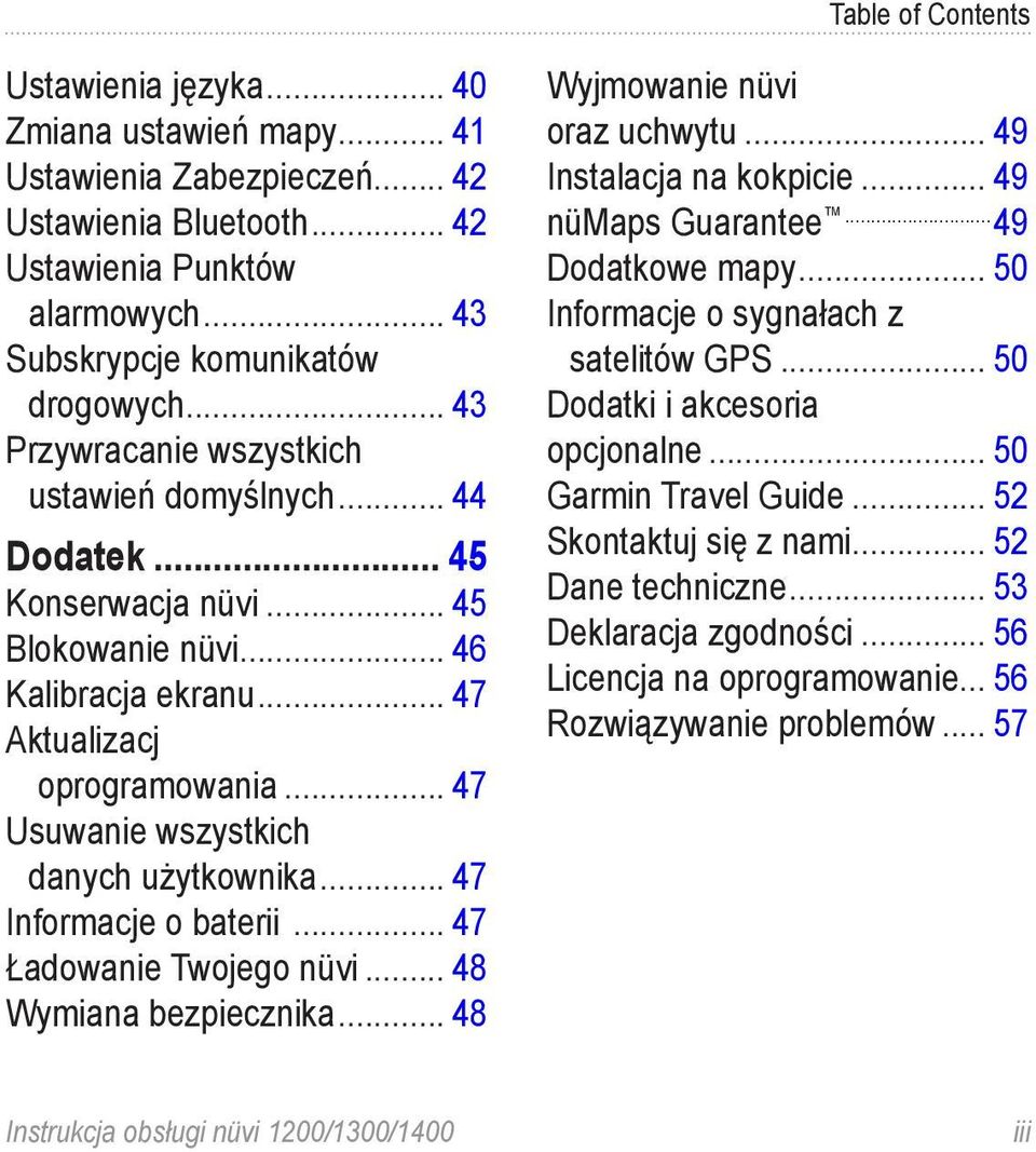 .. 47 Usuwanie wszystkich danych użytkownika... 47 Informacje o baterii... 47 Ładowanie Twojego nüvi... 48 Wymiana bezpiecznika... 48 Wyjmowanie nüvi oraz uchwytu... 49 Instalacja na kokpicie.