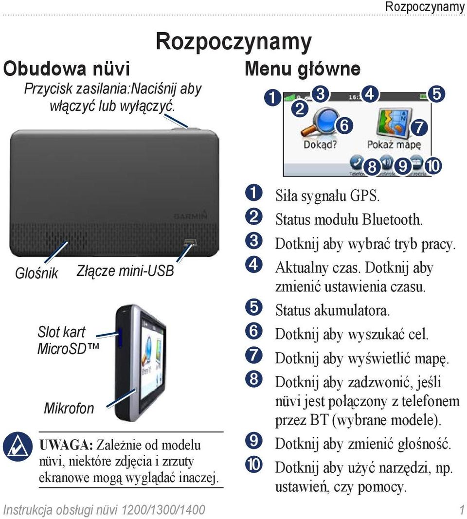 Rozpoczynamy Menu główne Rozpoczynamy ➊ ➋ ➌ ➍ ➎ ➏ ➐ ➑ ➒ ➓ ➊ Siła sygnału GPS. ➋ Status modułu Bluetooth. ➌ Dotknij aby wybrać tryb pracy. ➍ Aktualny czas.