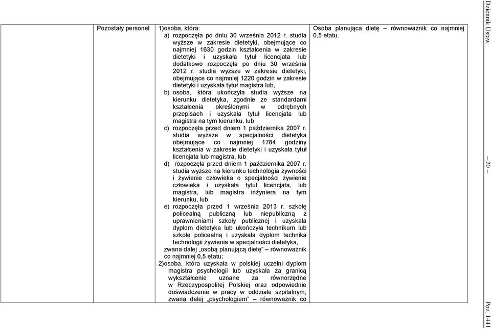 studia wyższe w zakresie dietetyki, obejmujące co najmniej 1220 godzin w zakresie dietetyki i uzyskała tytuł magistra lub, b) osoba, która ukończyła studia wyższe na kierunku dietetyka, zgodnie ze