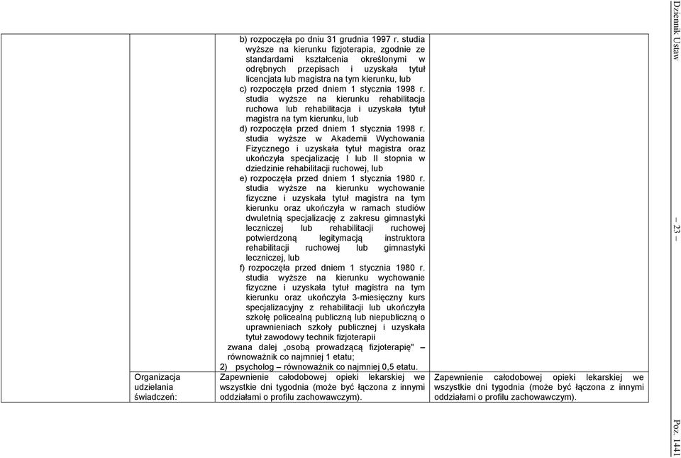 stycznia 1998 r. studia wyższe na kierunku rehabilitacja ruchowa lub rehabilitacja i uzyskała tytuł magistra na tym kierunku, lub d) rozpoczęła przed dniem 1 stycznia 1998 r.