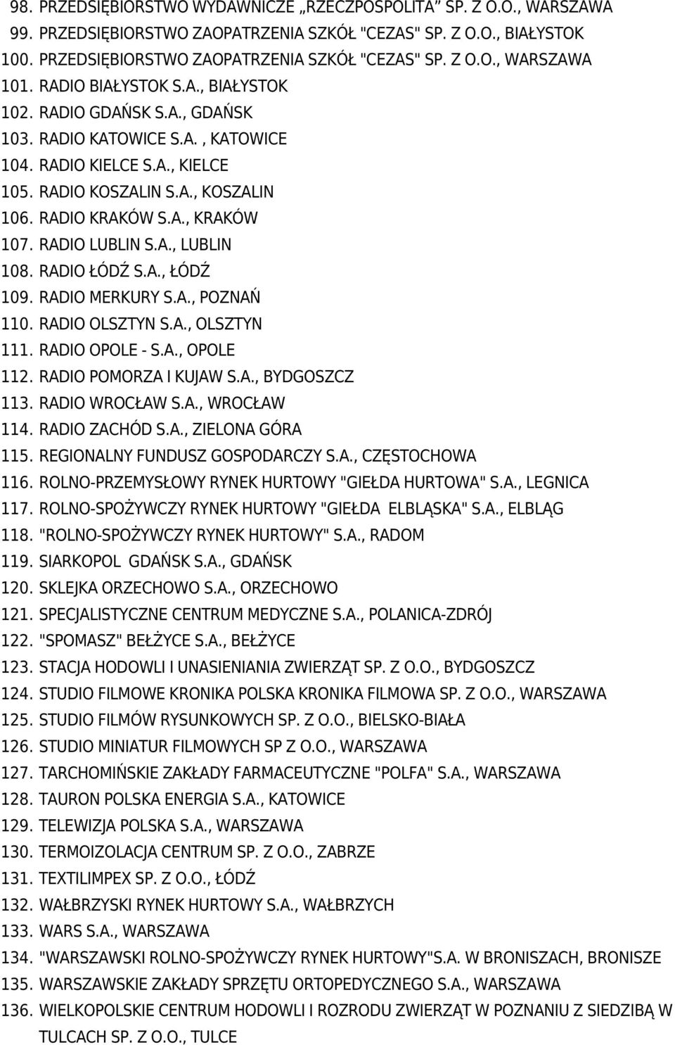 RADIO LUBLIN S.A., LUBLIN 108. RADIO ŁÓDŹ S.A., ŁÓDŹ 109. RADIO MERKURY S.A., POZNAŃ 110. RADIO OLSZTYN S.A., OLSZTYN 111. RADIO OPOLE - S.A., OPOLE 112. RADIO POMORZA I KUJAW S.A., BYDGOSZCZ 113.