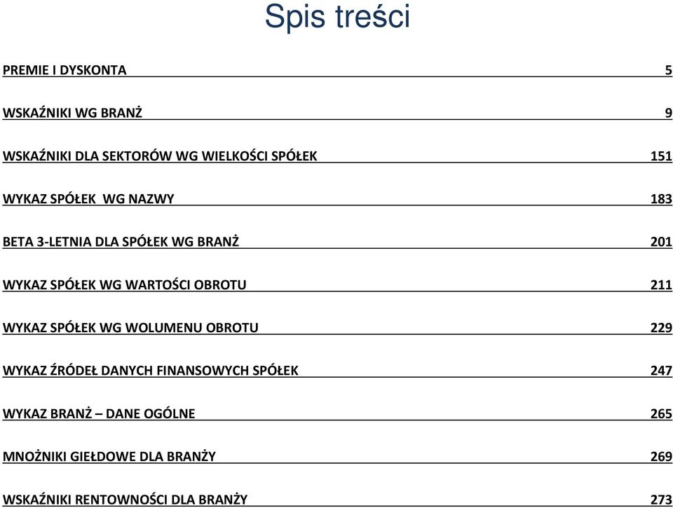 WARTOŚCI OBROTU 211 WYKAZ SPÓŁEK WG WOLUMENU OBROTU 229 WYKAZ ŹRÓDEŁ DANYCH FINANSOWYCH