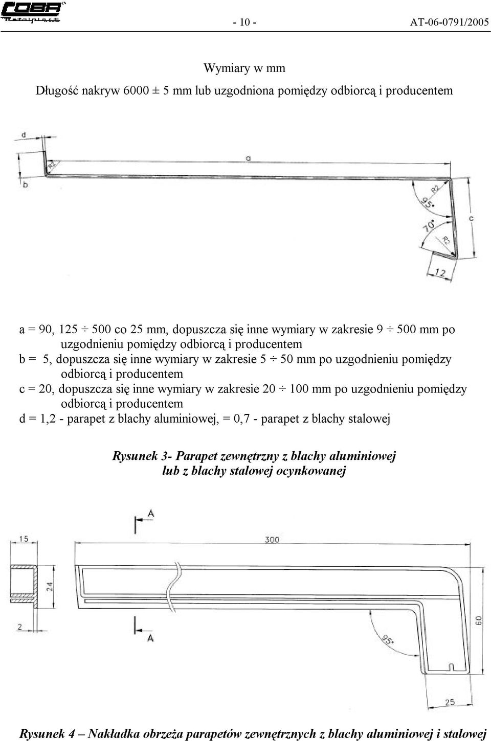 20, dopuszcza się inne wymiary w zakresie 20 100 mm po uzgodnieniu pomiędzy odbiorcą i producentem d = 1,2 - parapet z blachy aluminiowej, = 0,7 - parapet z blachy