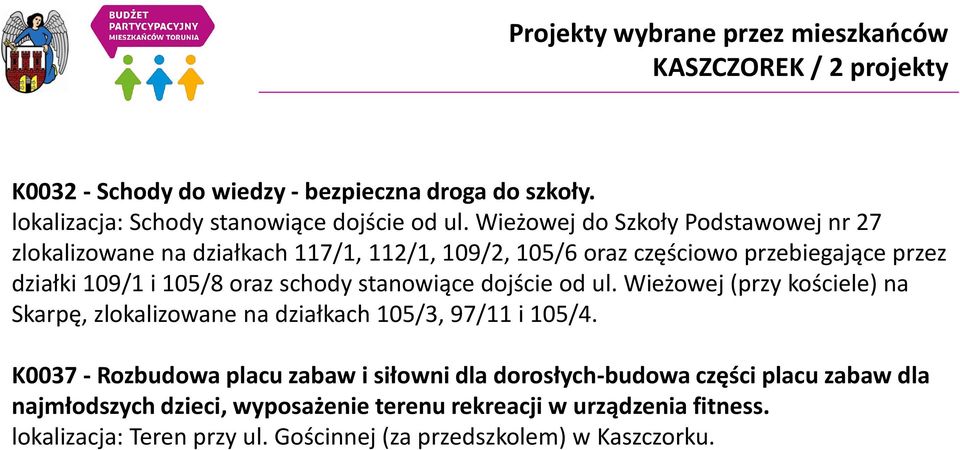 stanowiące dojście od ul. Wieżowej (przy kościele) na Skarpę, zlokalizowane na działkach 105/3, 97/11 i 105/4.