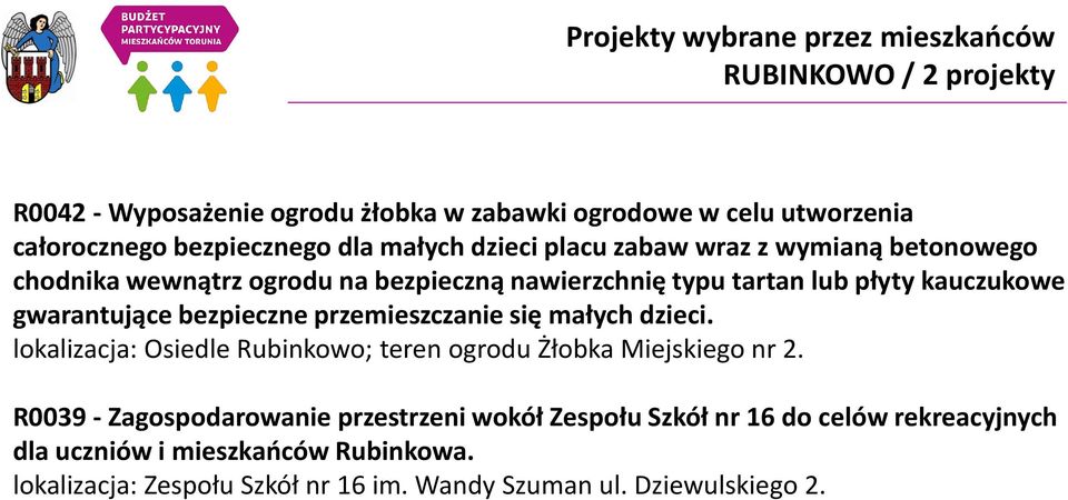 bezpieczne przemieszczanie się małych dzieci. lokalizacja: Osiedle Rubinkowo; teren ogrodu Żłobka Miejskiego nr 2.