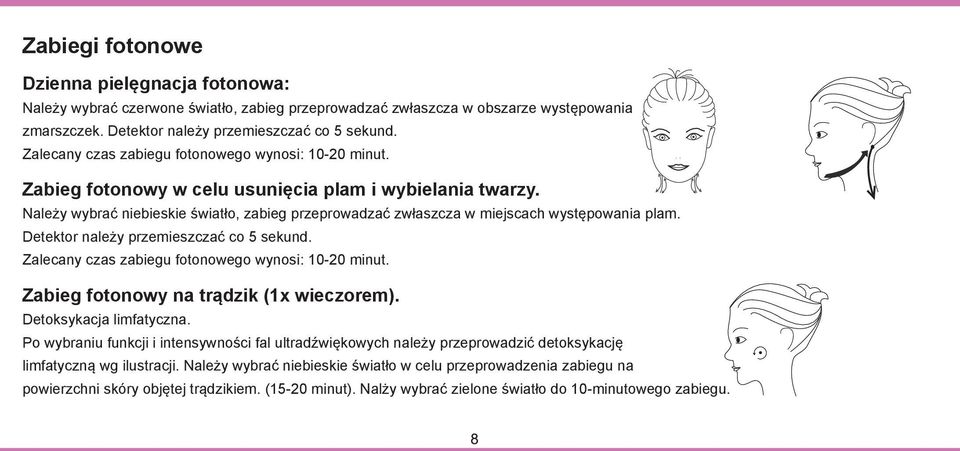 Należy wybrać niebieskie światło, zabieg przeprowadzać zwłaszcza w miejscach występowania plam. Detektor należy przemieszczać co 5 sekund. Zalecany czas zabiegu fotonowego wynosi: 10-20 minut.