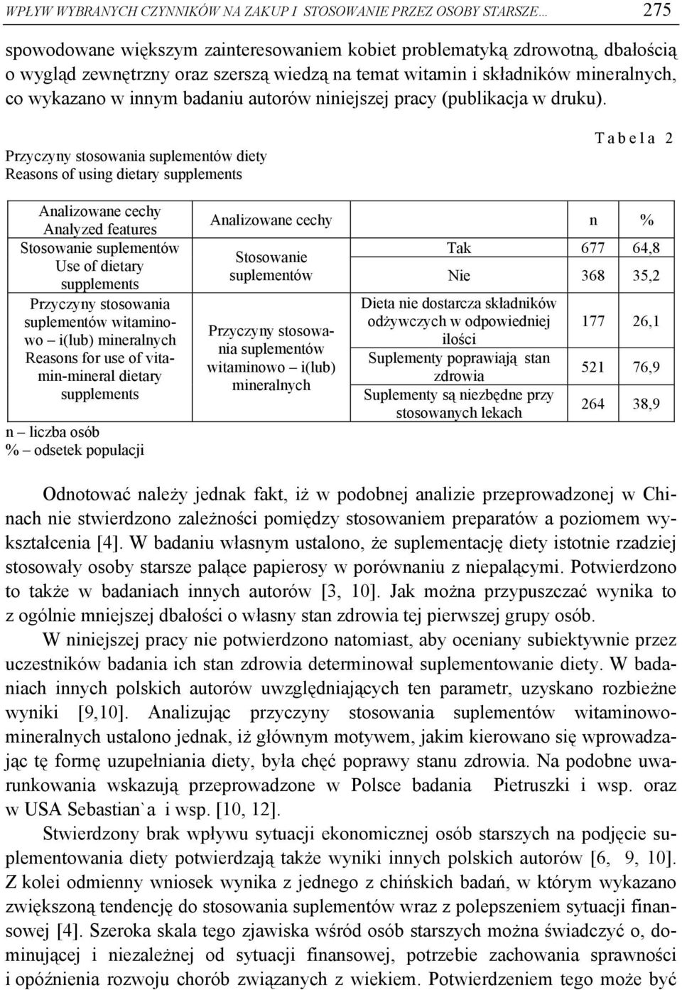 Przyczyny stosowania suplementów diety Reasons of using dietary supplements Tabela 2 Analizowane cechy Analyzed features Stosowanie suplementów Use of dietary supplements Przyczyny stosowania