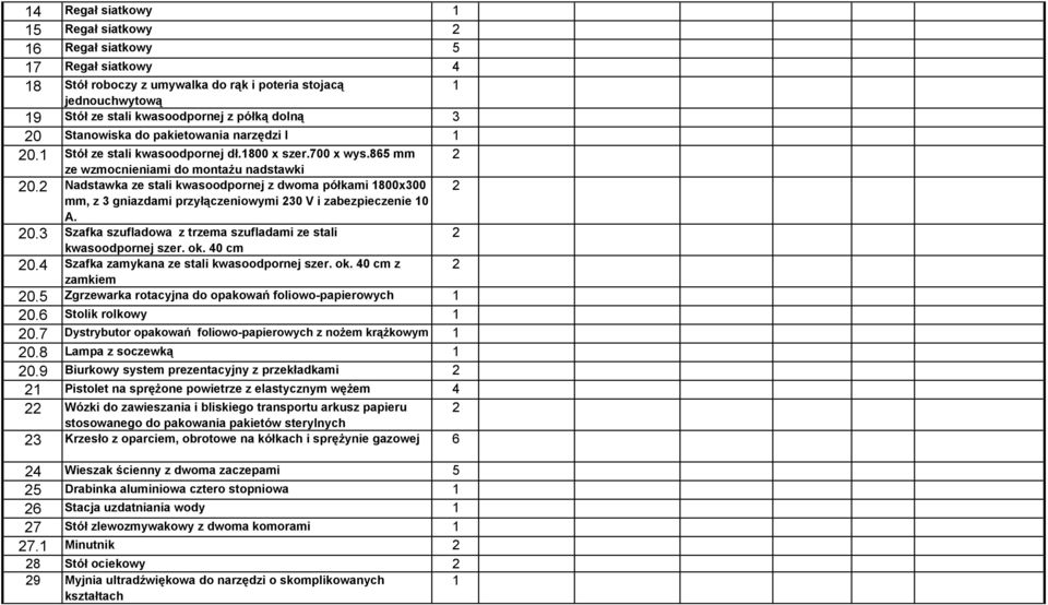 Nadstawka ze stali kwasoodpornej z dwoma półkami 800x300 mm, z 3 gniazdami przyłączeniowymi 30 V i zabezpieczenie 0 A. 0.3 Szafka szufladowa z trzema szufladami ze stali kwasoodpornej szer. ok.