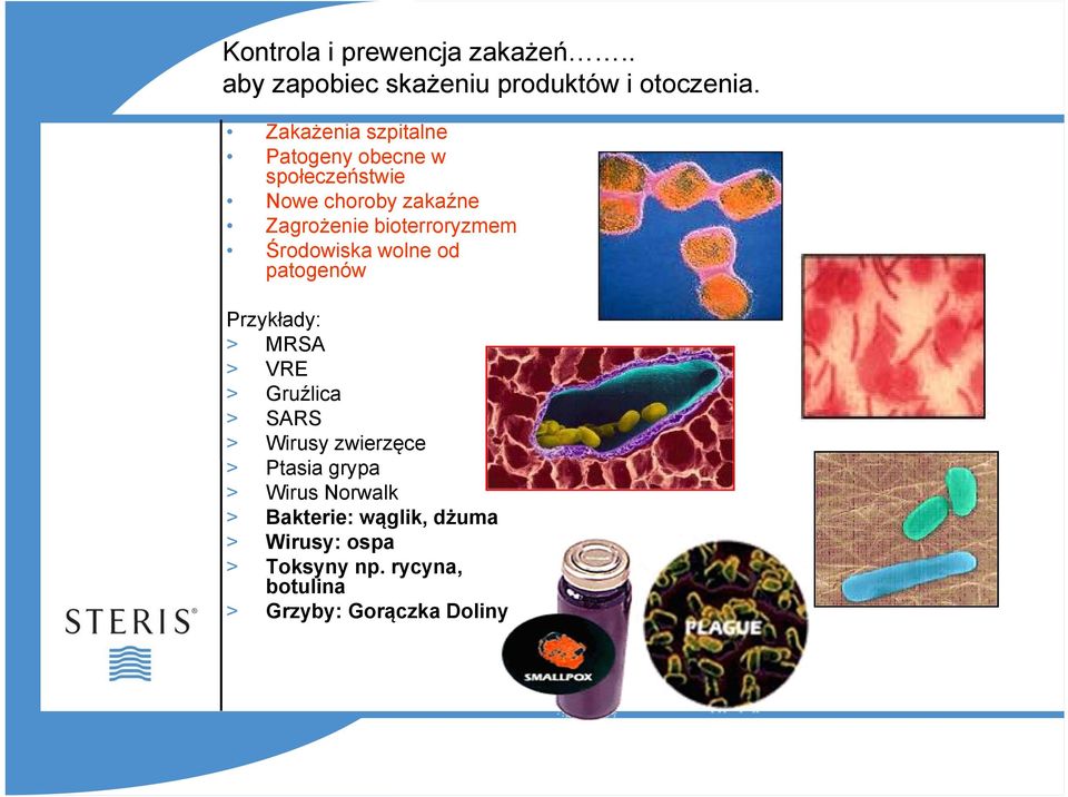 bioterroryzmem Środowiska wolne od patogenów Przykłady: > MRSA > VRE > Gruźlica > SARS > Wirusy