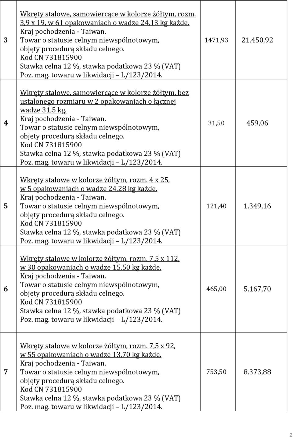 Wkręty stalowe w kolorze żółtym, rozm. 4 x 25, w 5 opakowaniach o wadze 24,28 kg każde. Wkręty stalowe w kolorze żółtym, rozm.