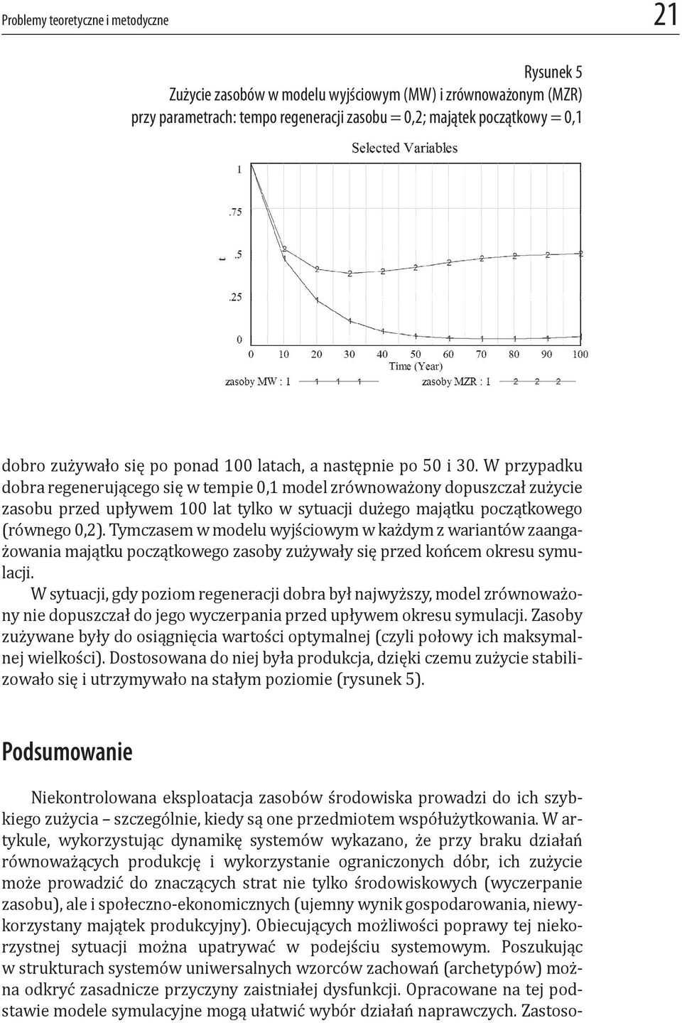 W przypadku dobra regenerującego się w tempie 0,1 model zrównoważony dopuszczał zużycie zasobu przed upływem 100 lat tylko w sytuacji dużego majątku początkowego (równego 0,2).