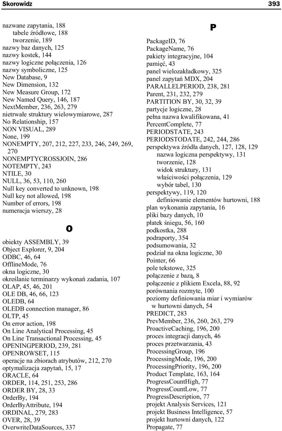 249, 269, 270 NONEMPTYCROSSJOIN, 286 NOTEMPTY, 243 NTILE, 30 NULL, 36, 53, 110, 260 Null key converted to unknown, 198 Null key not allowed, 198 Number of errors, 198 numeracja wierszy, 28 O obiekty