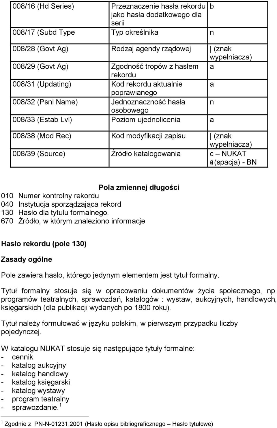 zapisu (znak 008/39 (Source) Źródło katalogowania c NUKAT @(spacja) - BN Pola zmiennej długości 010 Numer kontrolny rekordu 040 Instytucja sporządzająca rekord 130 Hasło dla tytułu formalnego.