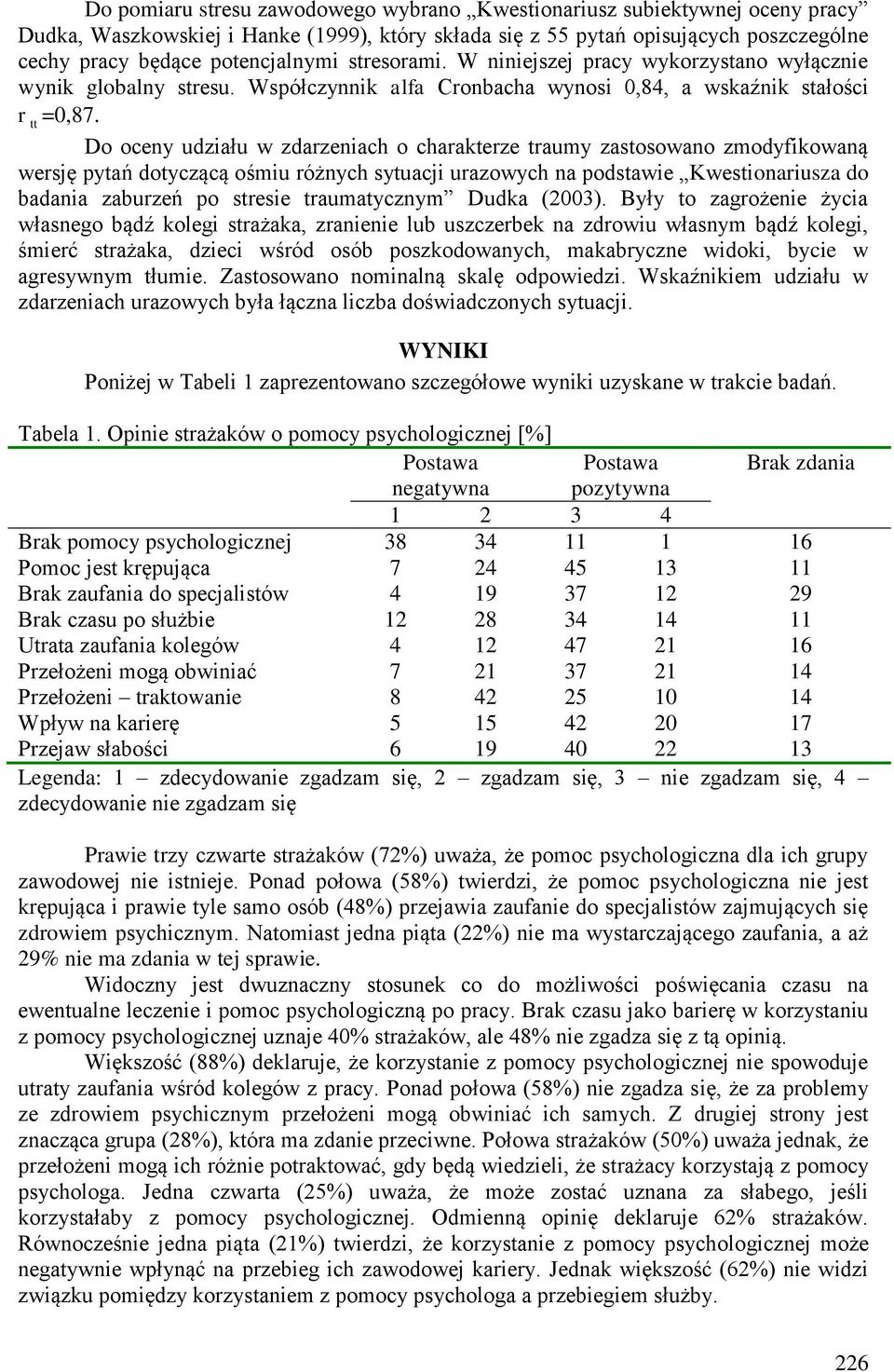 Współczynnik alfa Cronbacha wynosi 0,84, a wskaźnik stałości r Do oceny udziału w zdarzeniach o charakterze traumy zastosowano zmodyfikowaną wersję pytań dotyczącą ośmiu różnych sytuacji urazowych na