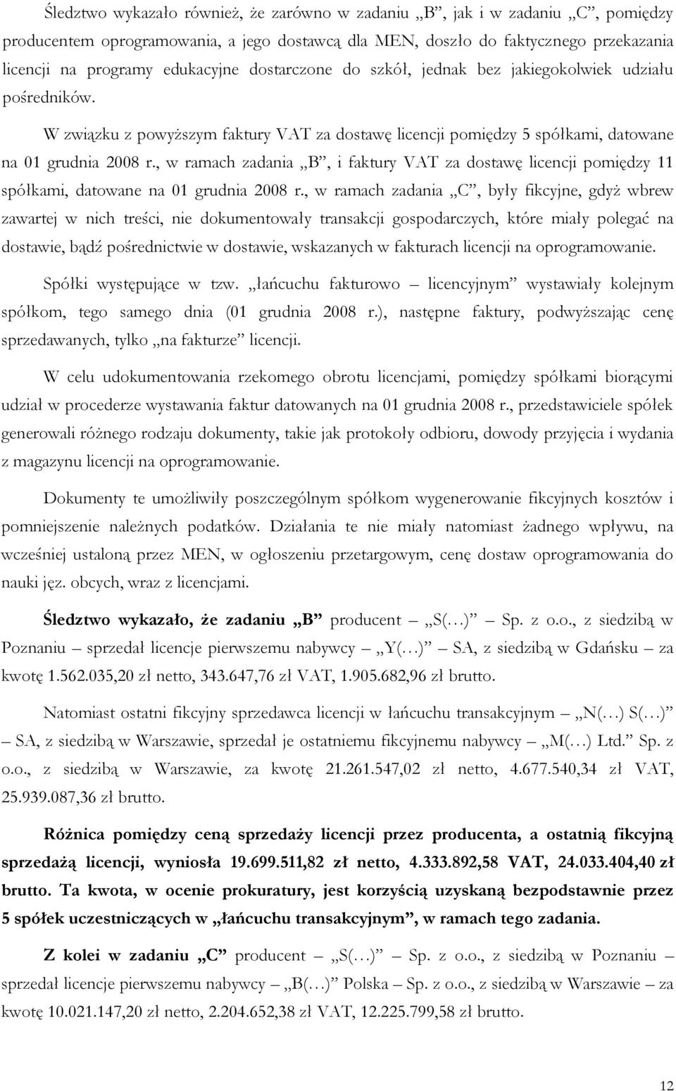 , w ramach zadania B, i faktury VAT za dostawę licencji pomiędzy 11 spółkami, datowane na 01 grudnia 2008 r.