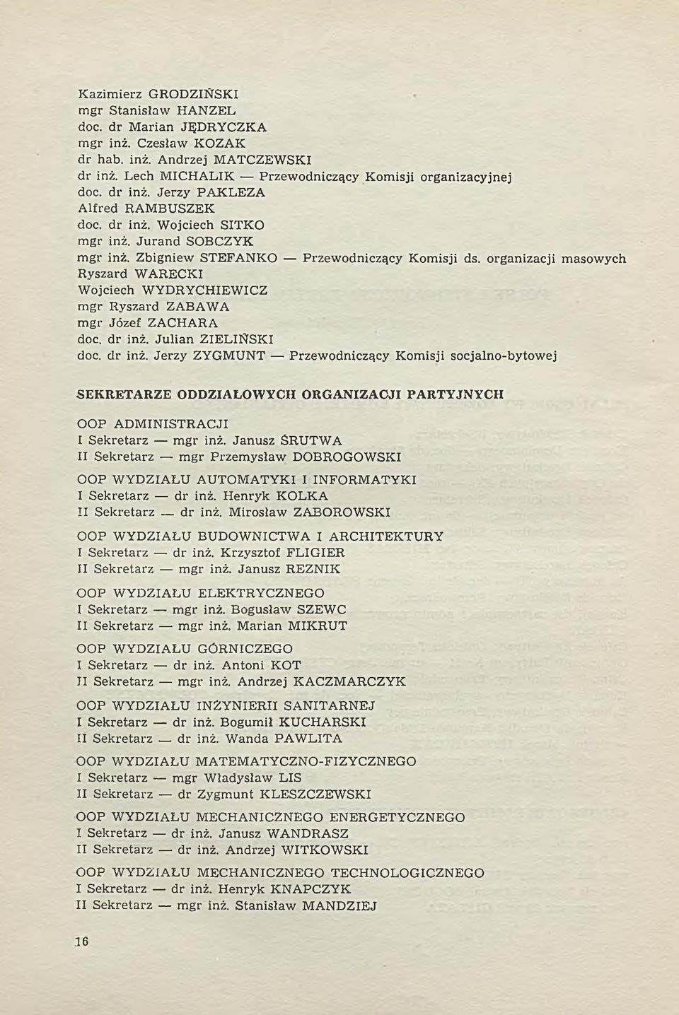 organizacji masow ych Ryszard W ARECKI W ojciech WYDRYCHIEWICZ m gr R yszard ZABAWA m gr Józef ZACHARA doc. dr inż. Ju lian ZIELIŃ SK I doc. d r inż.