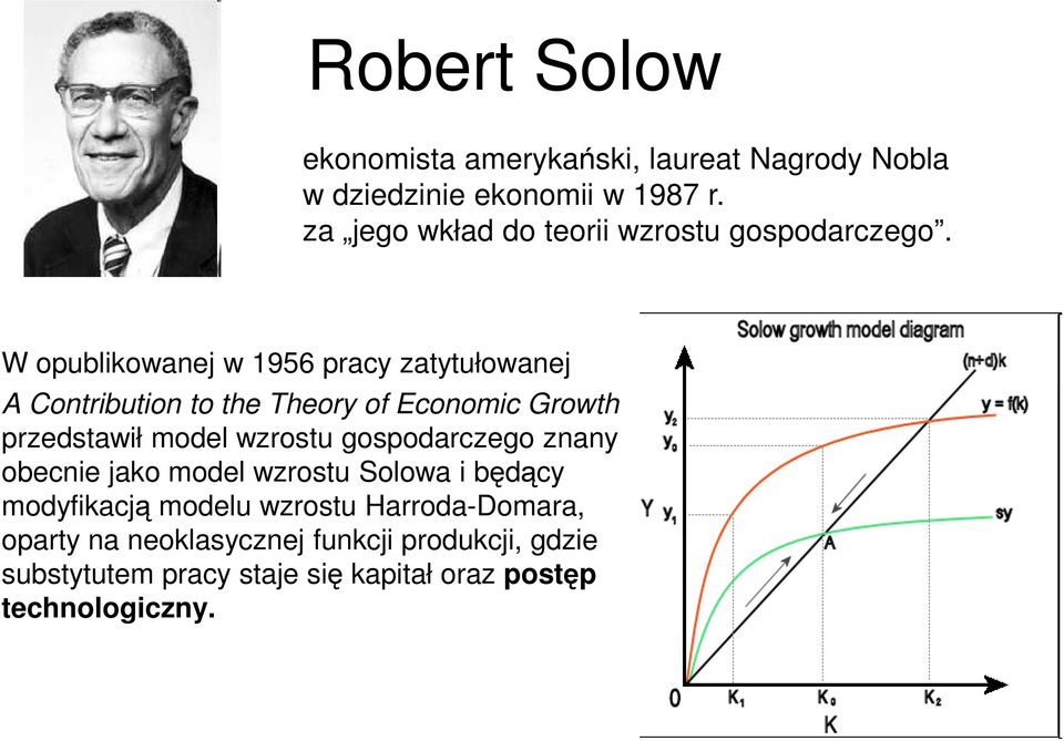 W opublikowanej w 1956 pracy zatytułowanej A Contribution to the Theory of Economic Growth przedstawił model wzrostu