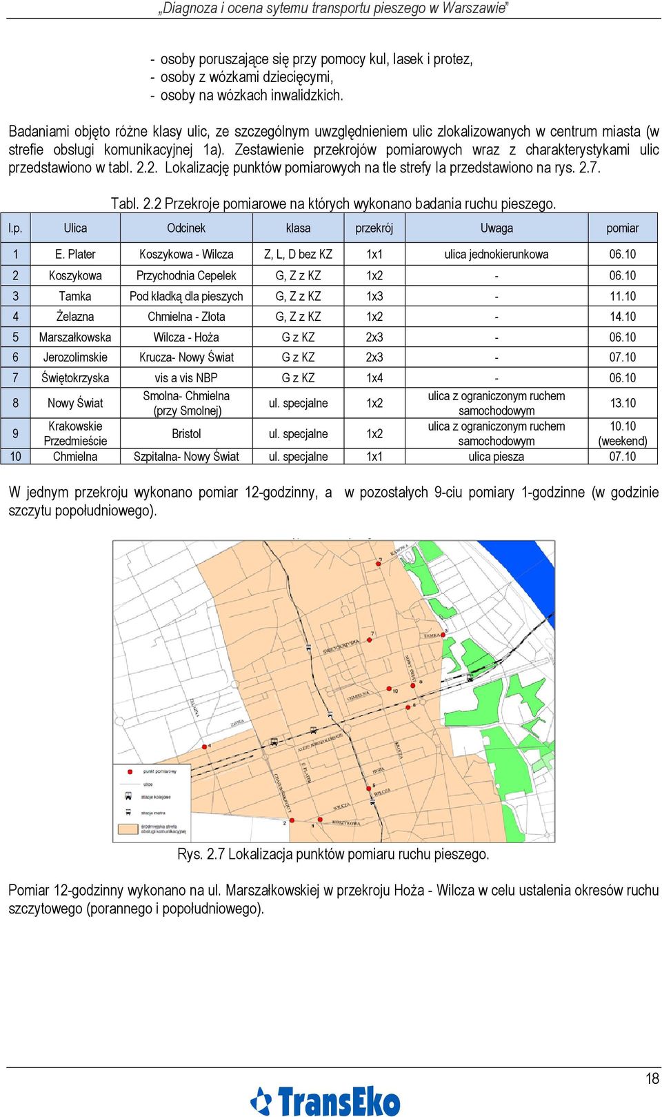 Zestawienie przekrojów pomiarowych wraz z charakterystykami ulic przedstawiono w tabl. 2.2. Lokalizację punktów pomiarowych na tle strefy Ia przedstawiono na rys. 2.7. Tabl. 2.2 Przekroje pomiarowe na których wykonano badania ruchu pieszego.