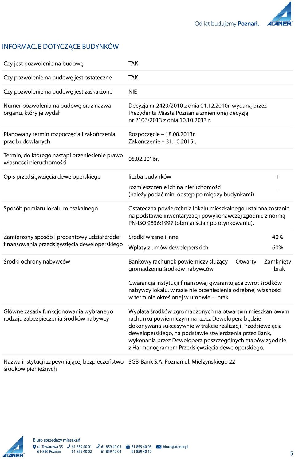 wydaną przez Prezydenta Miasta Poznania zmienionej decyzją nr 2106/2013 z dnia 10.10.2013 r. Rozpoczęcie 18.08.2013r. Zakończenie 31.10.2015r. 05.02.2016r.