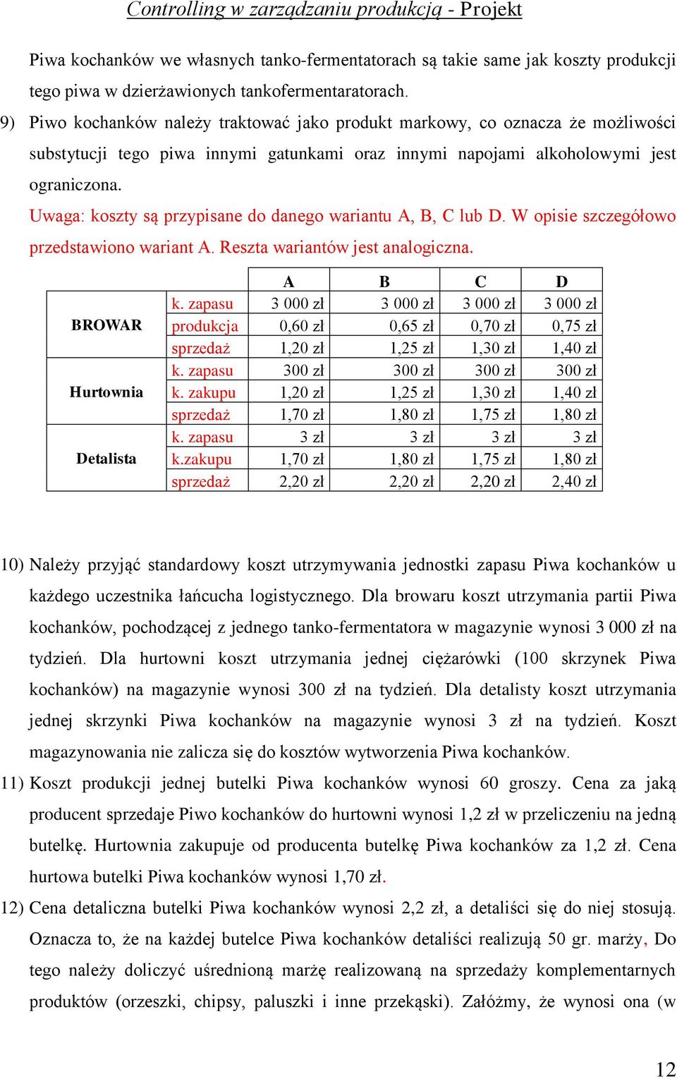 Uwaga: koszty są przypisane do danego wariantu A, B, C lub D. W opisie szczegółowo przedstawiono wariant A. Reszta wariantów jest analogiczna. BROWAR Hurtownia Detalista A B C D k.