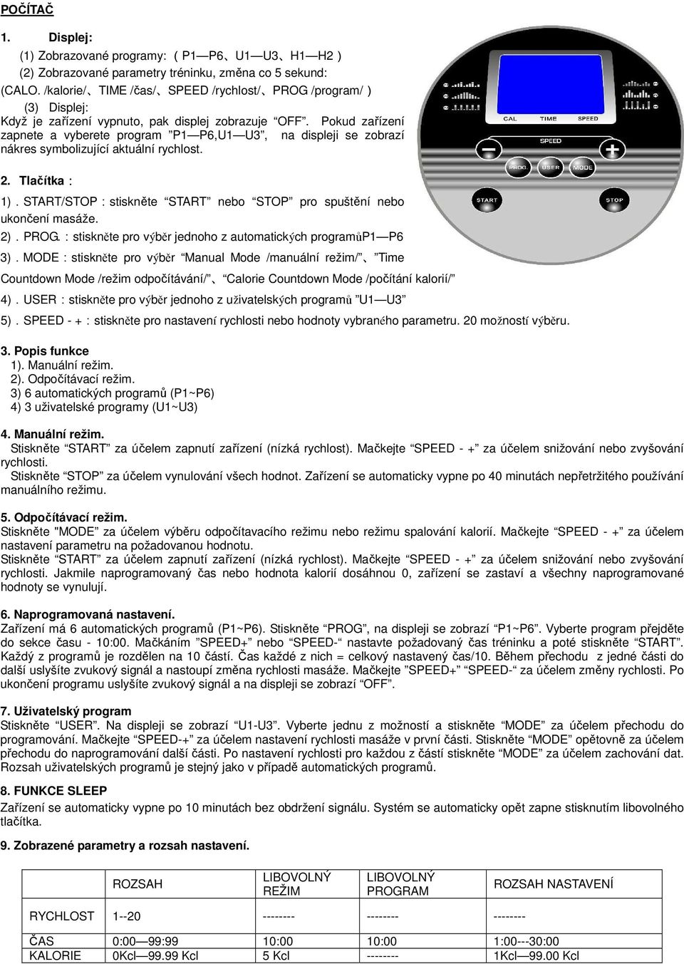 Pokud zařízení zapnete a vyberete program P1 P6,U1 U3, na displeji se zobrazí nákres symbolizující aktuální rychlost. 2. Tlačítka: 1).