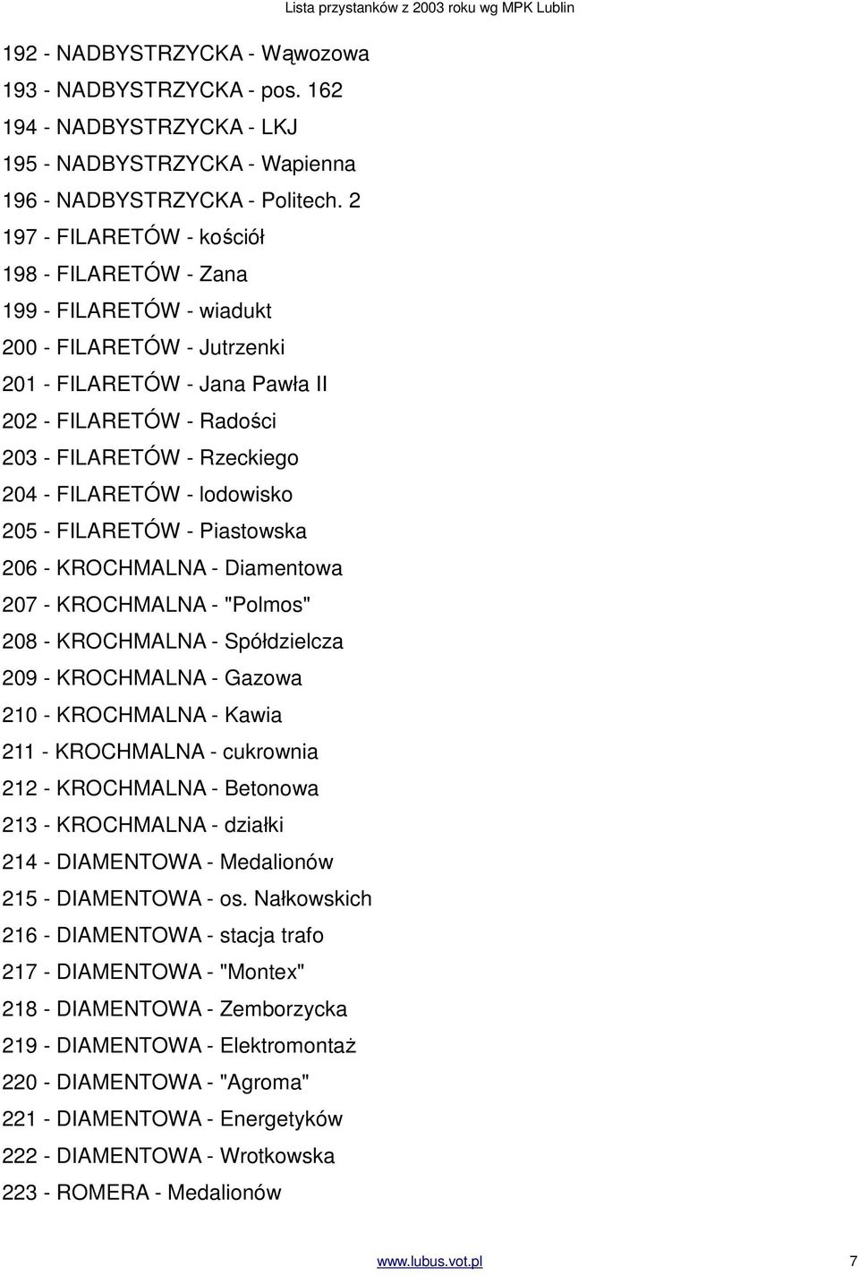 FILARETÓW - lodowisko 205 - FILARETÓW - Piastowska 206 - KROCHMALNA - Diamentowa 207 - KROCHMALNA - "Polmos" 208 - KROCHMALNA - Spółdzielcza 209 - KROCHMALNA - Gazowa 210 - KROCHMALNA - Kawia 211 -