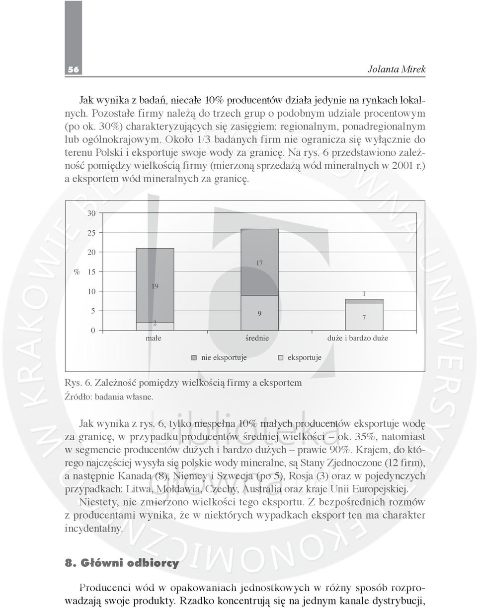Na rys. 6 przedstawiono zależność pomiędzy wielkością firmy (mierzoną sprzedażą wód mineralnych w 2001 r.) a eksportem wód mineralnych za granicę.