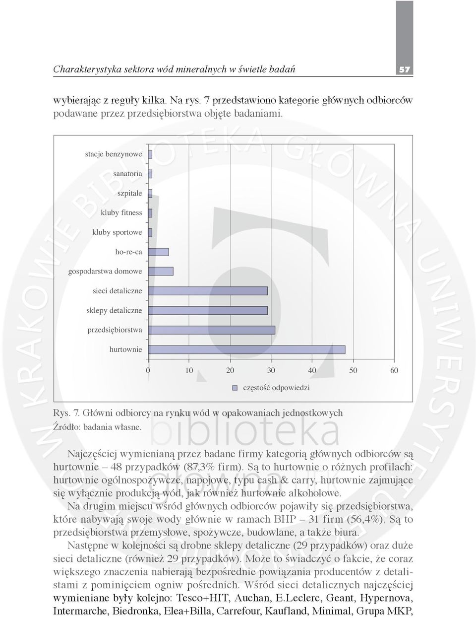 7. Główni odbiorcy na rynku wód w opakowaniach jednostkowych Najczęściej wymienianą przez badane firmy kategorią głównych odbiorców są hurtownie 48 przypadków (87,3% firm).