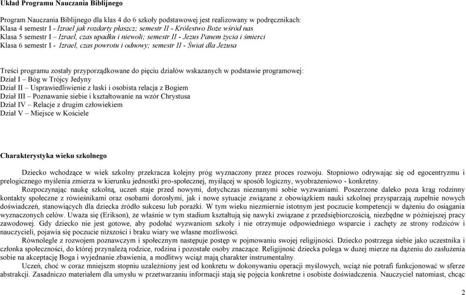 Treści programu zostały przyporządkowane do pięciu działów wskazanych w podstawie programowej: Dział I Bóg w Trójcy Jedyny Dział II Usprawiedliwienie z łaski i osobista relacja z Bogiem Dział III