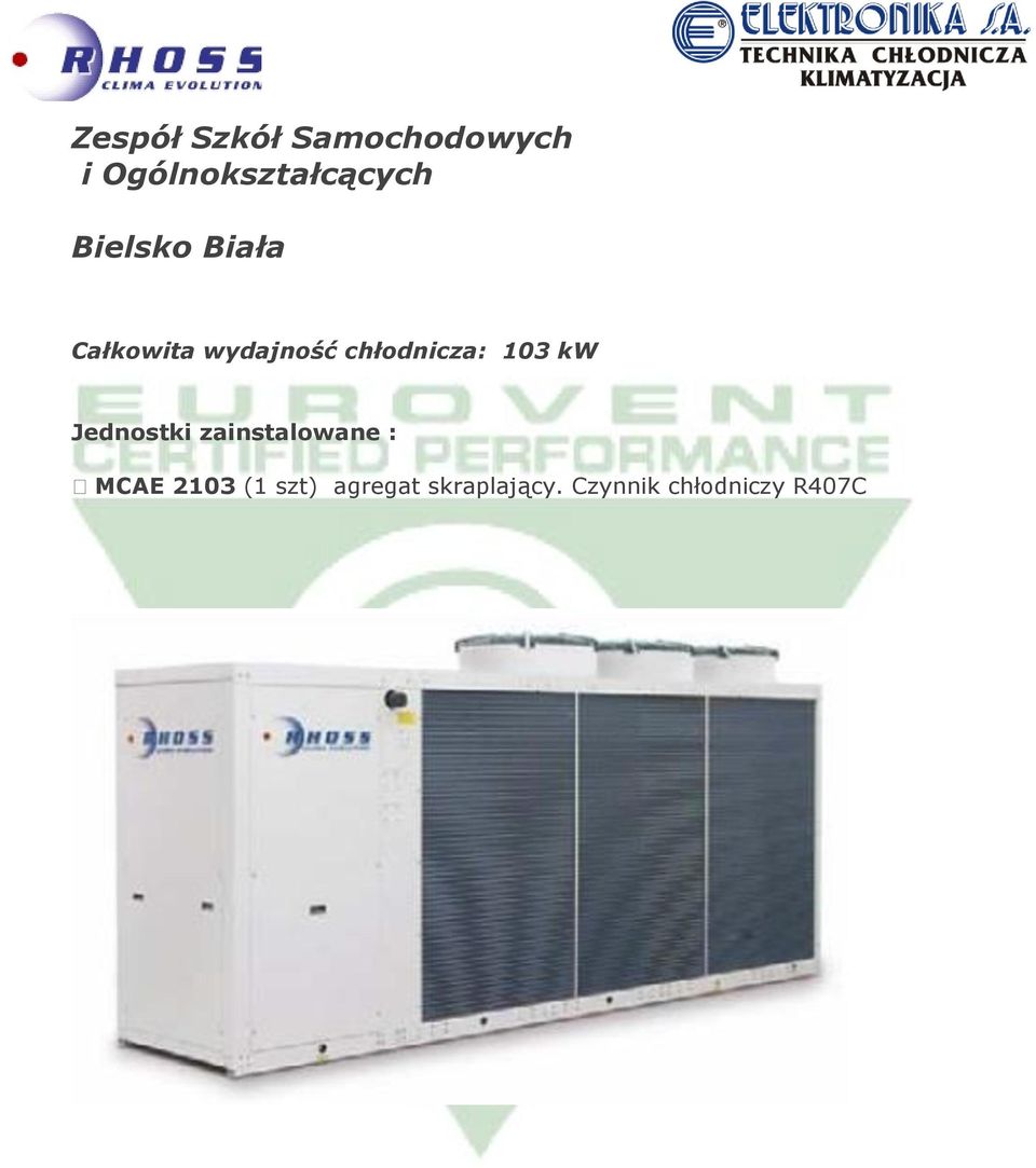 103 kw Jednostki zainstalowane : MCAE 2103 (1