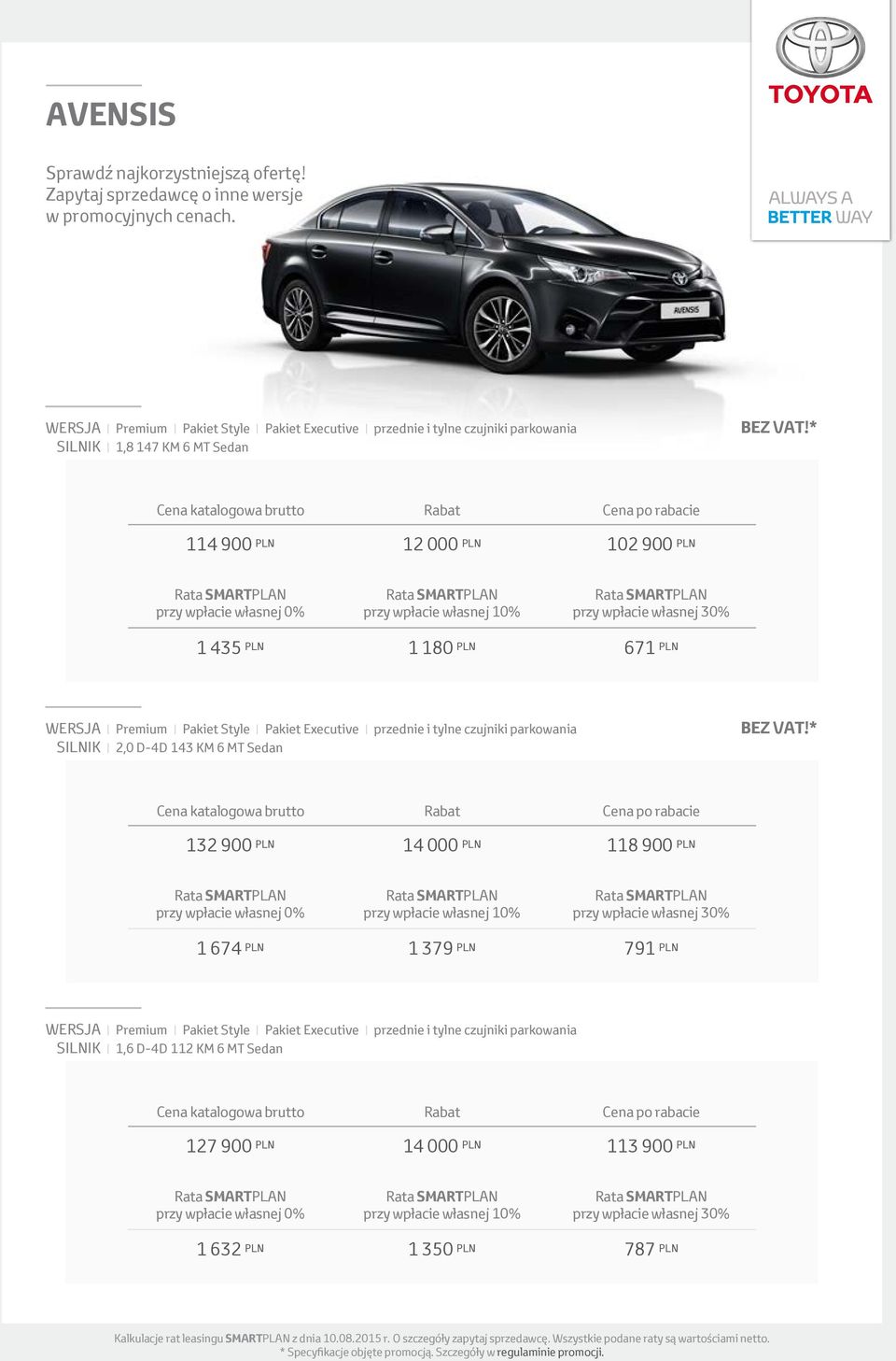 SILNIK 2,0 D-4D 143 KM 6 MT Sedan 132 900 PLN 14 000 PLN 118 900 PLN 1 674 PLN 1 379 PLN 791 PLN WERSJA Premium Pakiet Style Pakiet