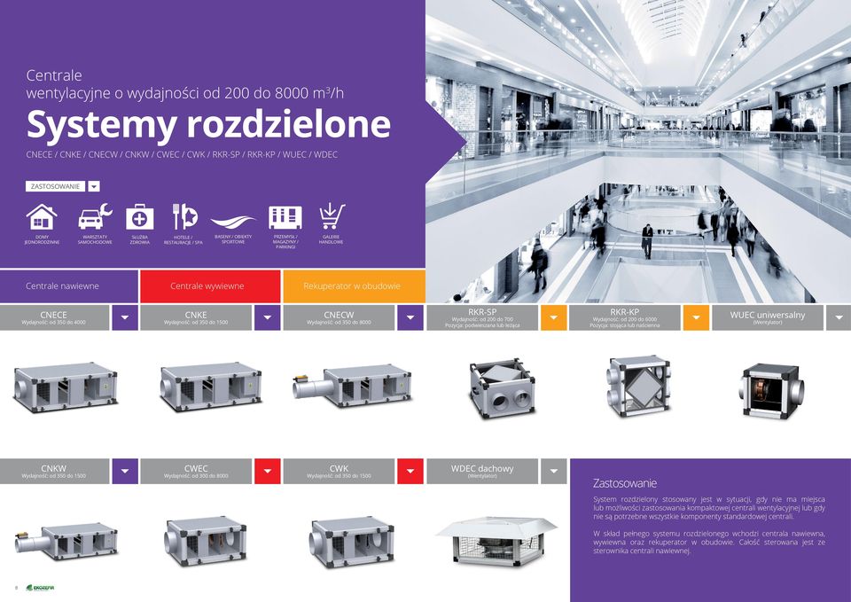 CWEC Wydajność: od 300 do 8000 CWK Wydajność: od 350 do 1500 WDEC dachowy (Wentylator) System rozdzielony stosowany jest w sytuacji, gdy nie ma miejsca lub możliwości zastosowania kompaktowej