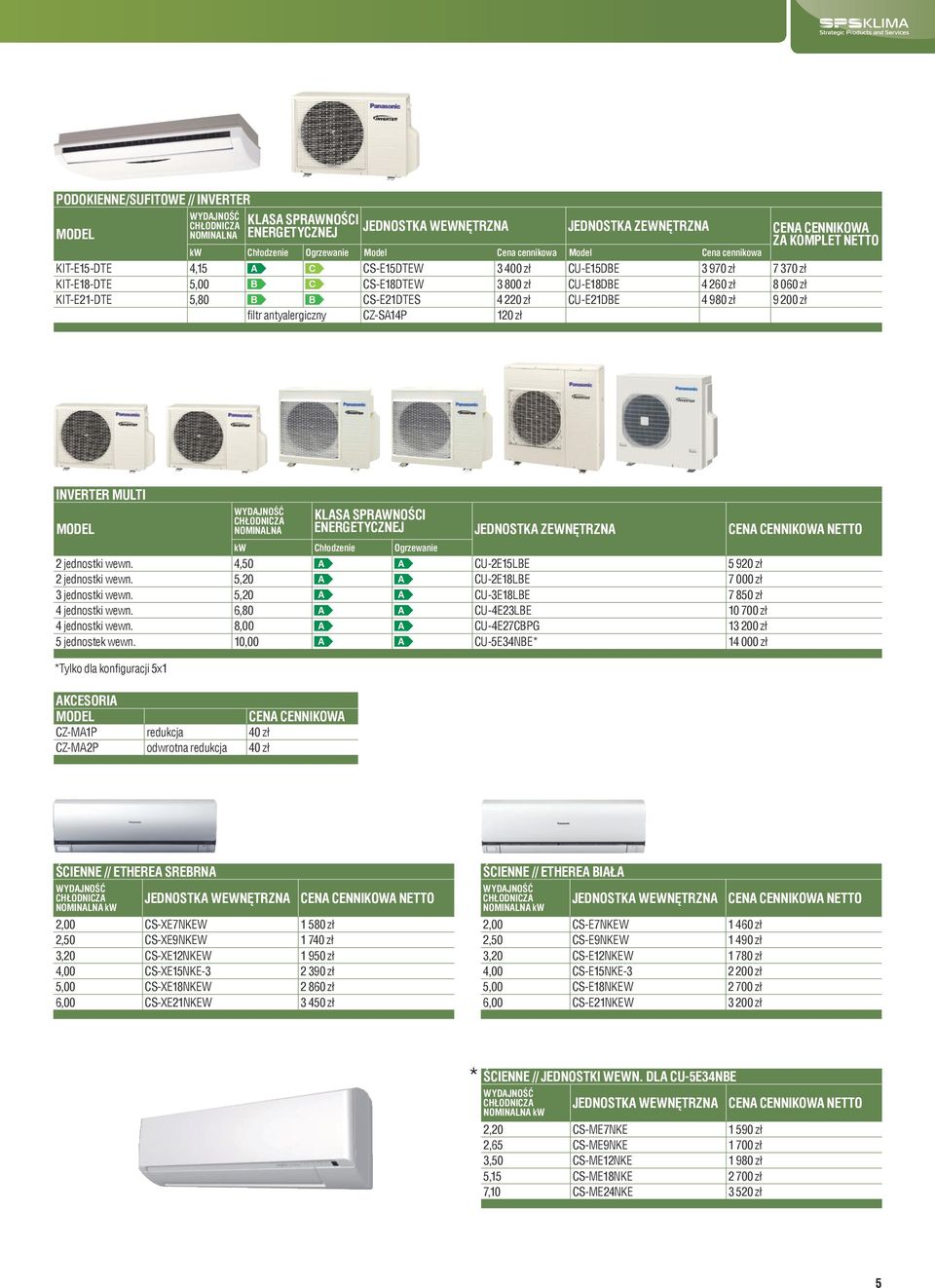 120 zł INVERTER MULTI Jednostka zewnętrzna Cena cennikowa netto kw Chłodzenie Ogrzewanie 2 jednostki wewn. 4,50 A A CU-2E15LBE 5 920 zł 2 jednostki wewn. 5,20 A A CU-2E18LBE 7 000 zł 3 jednostki wewn.