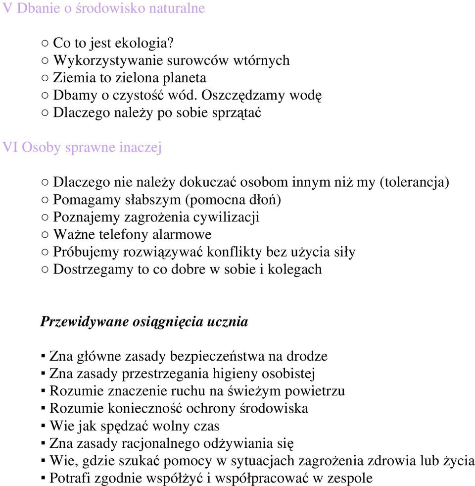 cywilizacji Ważne telefony alarmowe Próbujemy rozwiązywać konflikty bez użycia siły Dostrzegamy to co dobre w sobie i kolegach Przewidywane osiągnięcia ucznia Zna główne zasady bezpieczeństwa na