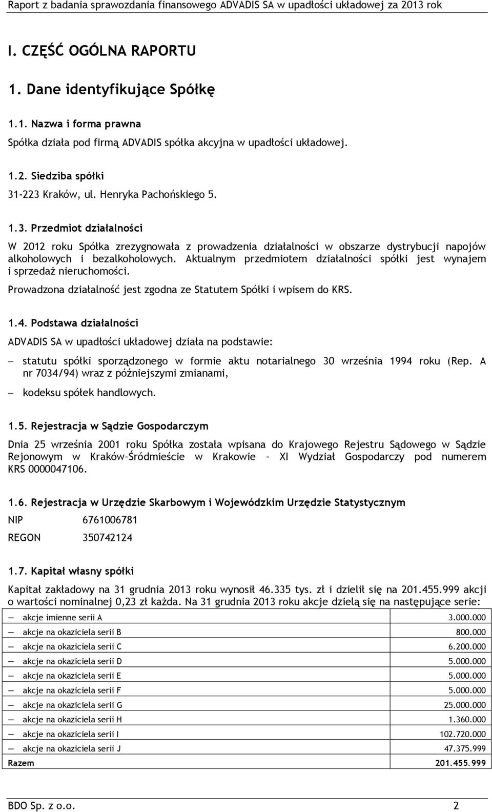 Aktualnym przedmiotem działalności spółki jest wynajem i sprzedaż nieruchomości. Prowadzona działalność jest zgodna ze Statutem Spółki i wpisem do KRS. 1.4.