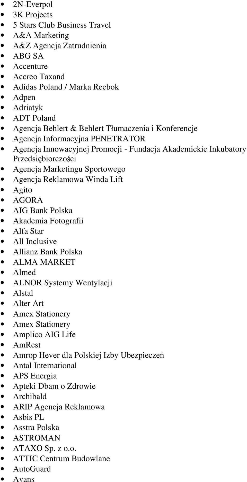 Winda Lift Agito AGORA AIG Bank Polska Akademia Fotografii Alfa Star All Inclusive Allianz Bank Polska ALMA MARKET Almed ALNOR Systemy Wentylacji Alstal Alter Art Amex Stationery Amex Stationery