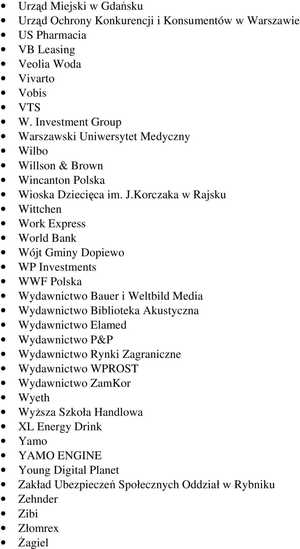 Korczaka w Rajsku Wittchen Work Express World Bank Wójt Gminy Dopiewo WP Investments WWF Polska Wydawnictwo Bauer i Weltbild Media Wydawnictwo Biblioteka Akustyczna