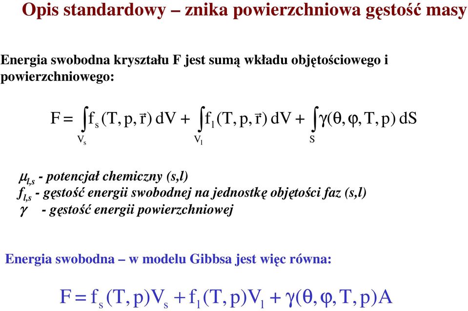 l,s - potencjał chemiczny (s,l) f l,s - gęstość energii swobodnej na jednostkę objętości faz (s,l) γ - gęstość